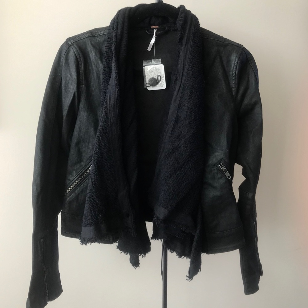 New Free People black denim jacket with cowl neck